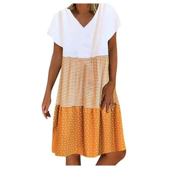 Yellow Stripe Tier Dress Size 2XL Polka Dot V Neck Short Sleeve Lightweight - Picture 1 of 7